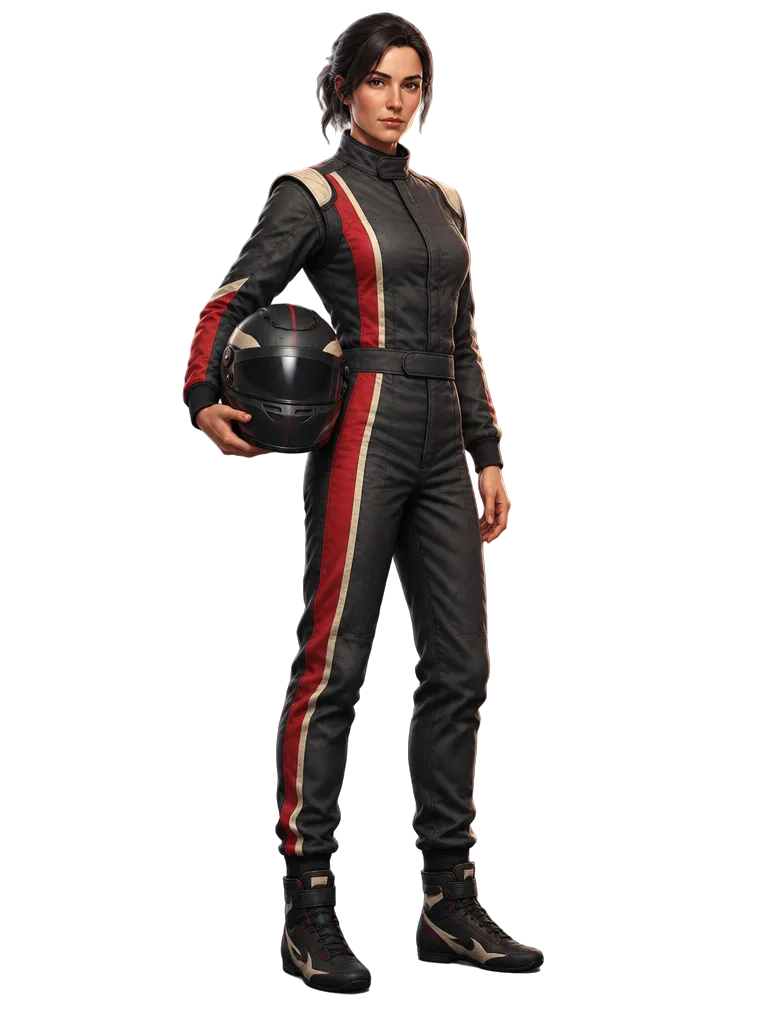 Ines Moreau berdiri dengan helm di tangan, mengenakan pakaian balap arang dengan strip merah.