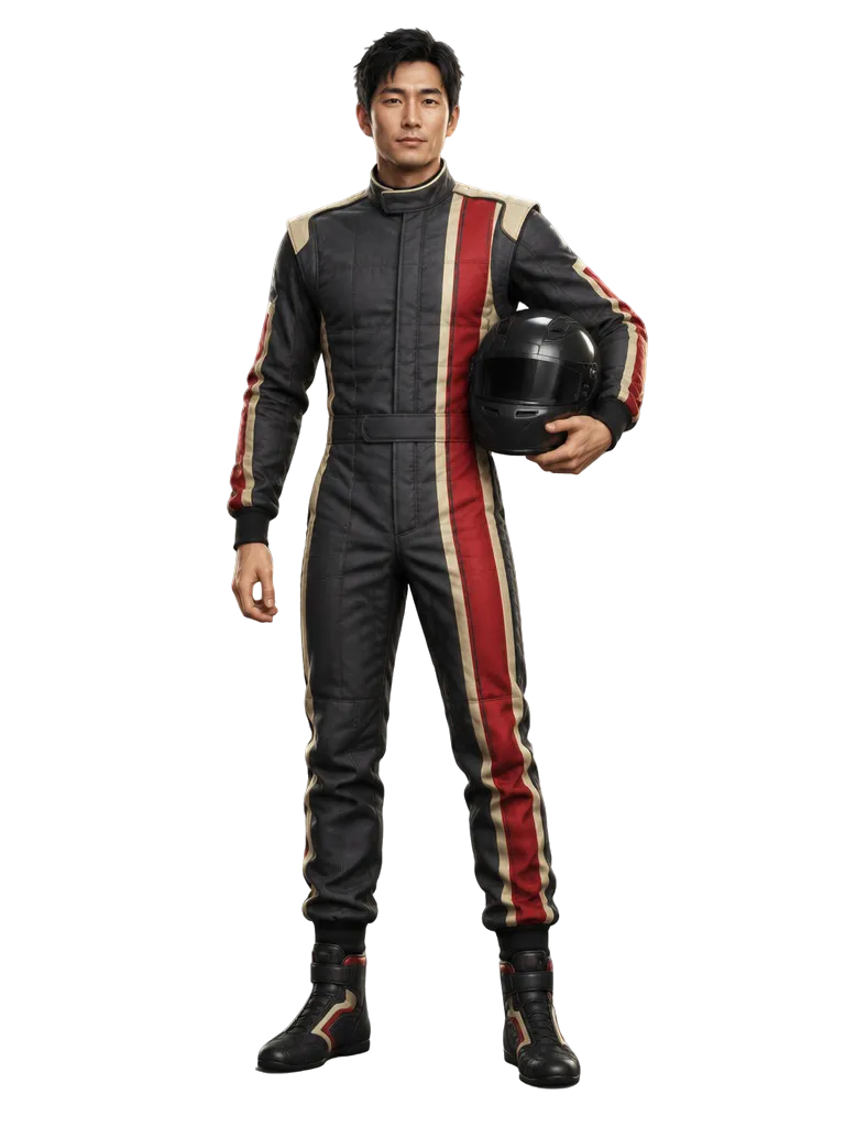 Kenji Arase berdiri dengan helm terselip di lengan kiri, pakaian balap arang dengan strip merah.