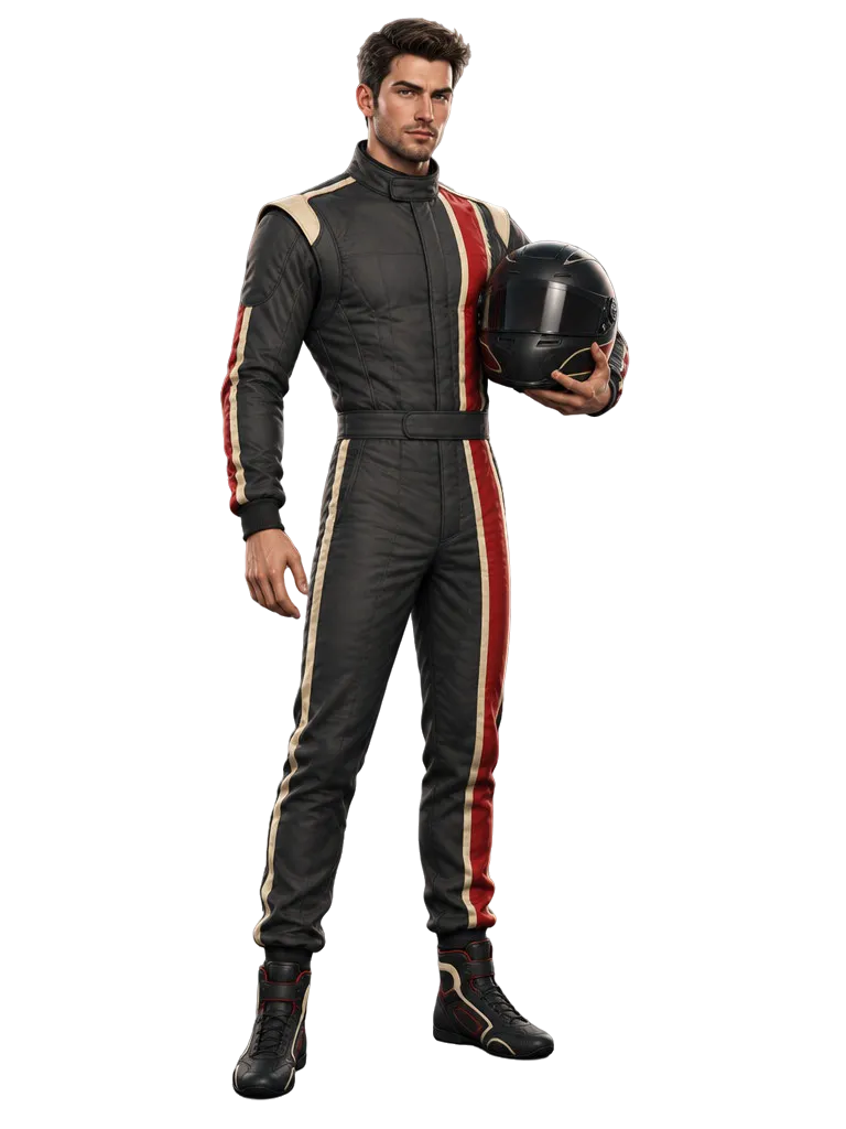 Tomas Válek berdiri dengan helm di tangan kiri yang terangkat, pakaian balap arang dengan strip merah.