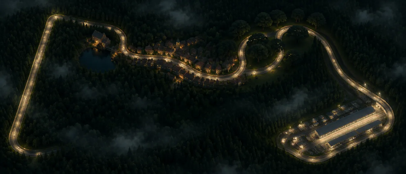 Circuit de Vauclaire dari atas di malam hari: satu pita jalan menembus hutan pinus, melewati kincir air, sebuah desa, pohon ek, lalu kompleks pit.